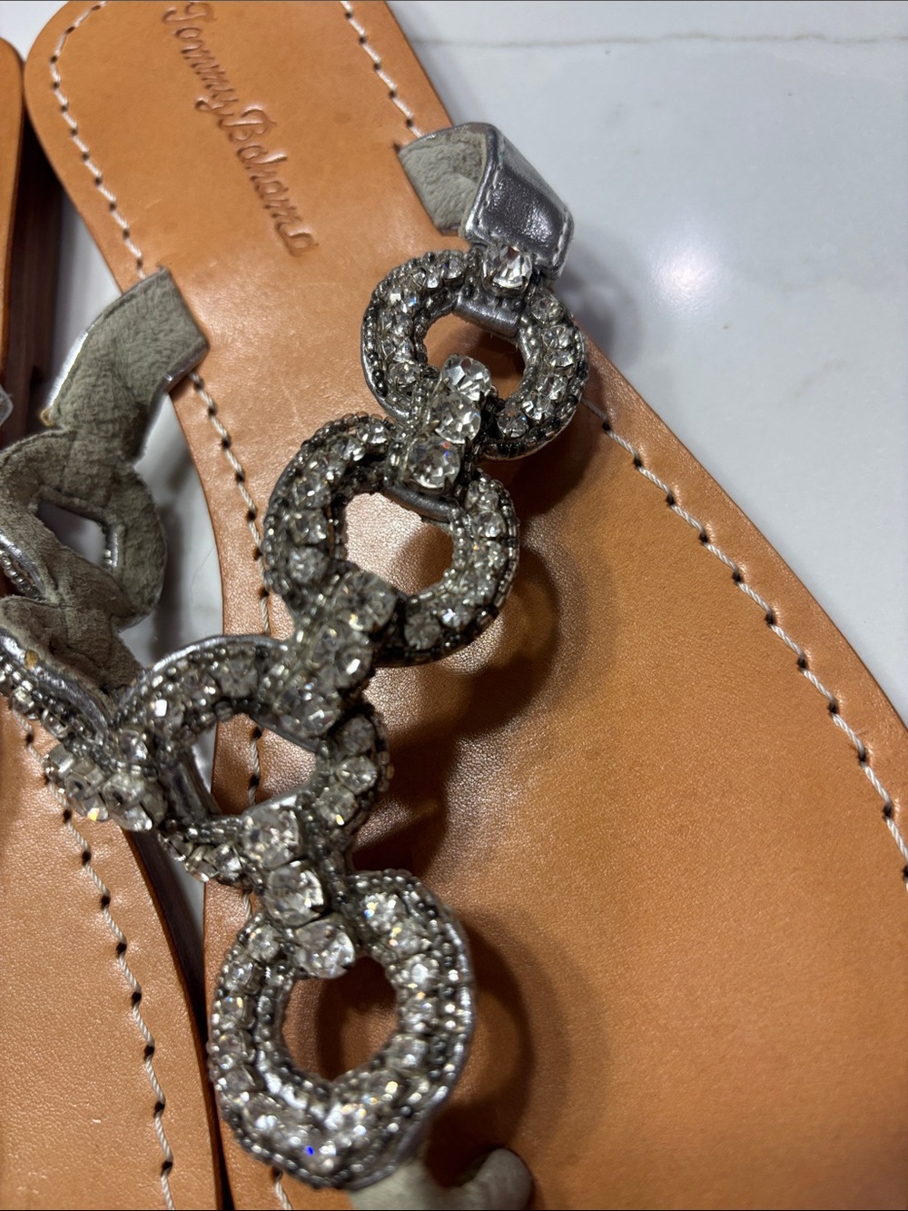 Tommy Bahama Silver Beaded T-Strap Sandals with Brown Footbed - Picture 4 of 12